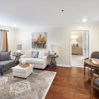 A cozy and elegantly furnished living room with a blend of modern and classic elements.