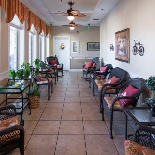A cozy waiting room with multiple chairs and tables lined up against a bright, windowed wall, adorned with plants and decorative items.