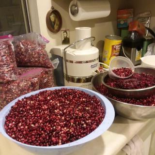 A kitchen countertop filled with bowls of pomegranate seeds and a juicer.