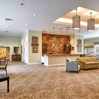A modern lobby with comfortable seating and elegant interior design.