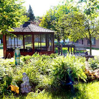 A serene garden featuring a gazebo surrounded by lush greenery.