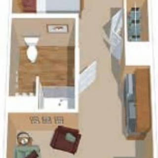 A 3D floor plan illustrating the layout of a small apartment.