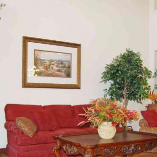 A cozy living room with a red sofa, framed artwork, and decorative plants.