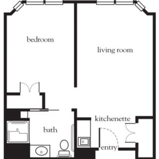 A simple floor plan of an apartment featuring a bedroom, living room, kitchenette, bathroom, and entryway.