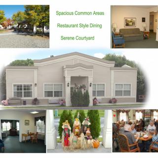 Images showcasing a retirement home's amenities, including spacious common areas, restaurant-style dining, and a serene courtyard.