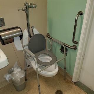 An accessible toilet setup with support bars and handrail for easier use.