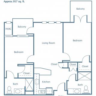 A floor plan of a two-bedroom apartment featuring a living room, kitchen, bathroom, and balconies.