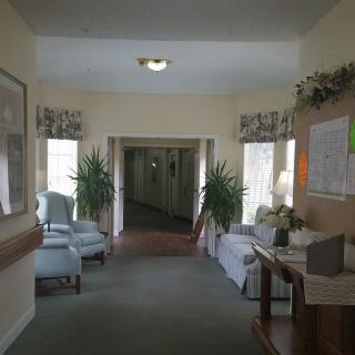 A cozy hallway with chairs, plants, and natural light.