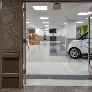 A modern office interior with a car visible through glass doors.
