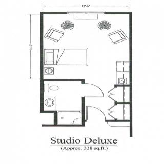 Floor plan of a Studio Deluxe apartment, approximately 330 sq. ft.