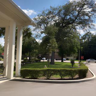 A view of a driveway adjacent to a building, surrounded by trees and greenery under a clear blue sky.