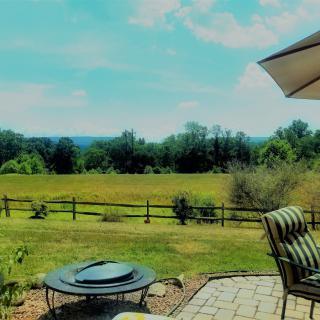 A tranquil patio overlooking a lush, green landscape with trees and a field in the distance.