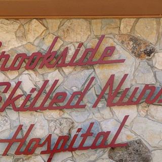 Sign for Brookside Skilled Nursing Hospital on a stone wall.