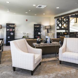 A modern living room interior with stylish furniture and decor.