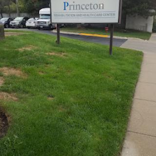 A sign for 'Princeton' located outside, surrounded by grass and a parking area.