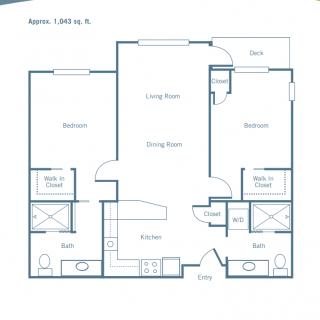 Two-bedroom apartment floor plan with living and dining areas.