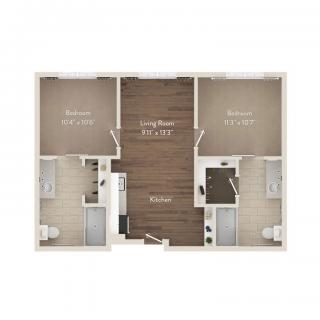 Two-bedroom apartment floor plan with living room, kitchen, and bathroom.