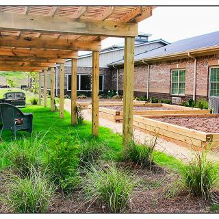 A landscaped garden area with a wooden pergola, benches, and raised beds.