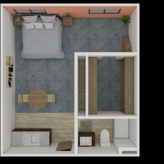 A detailed floor plan of a bedroom with furniture arrangement.