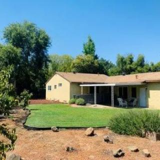 A peaceful backyard with a single-story house, lush lawn, and surrounding trees.