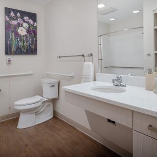 A clean and modern bathroom featuring a large sink area, toilet, and shower, with decorative artwork on the wall.