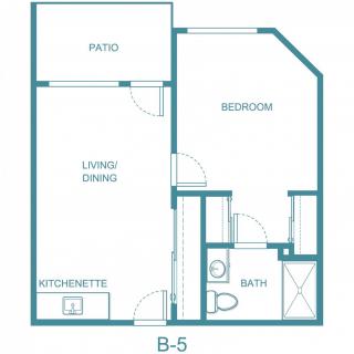 A floor plan of a one-bedroom apartment featuring a kitchenette, living/dining area, bathroom, and patio.