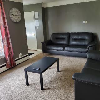 A cozy living room with dark sofas, a black coffee table, and gray carpet.