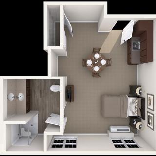 3D floor plan of a compact studio apartment with a bedroom, kitchen, dining area, and bathroom.