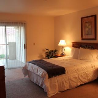 A cozy bedroom with a neatly made bed, bedside lamp, and sliding door leading to an outdoor area.