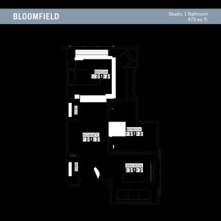 Floor plan of a two-bedroom apartment in Bloomfield.