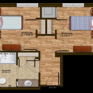 A detailed floor plan showing the layout of a residential space with two bedrooms and a bathroom.