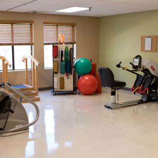 A rehabilitation room equipped with various physical therapy tools, including exercise equipment and fitness balls.