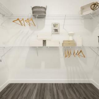 A minimalistic and organized empty closet with shelves and hangers.