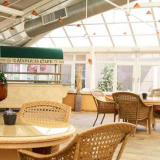 A bright and airy cafe with wicker furniture and a glass ceiling.