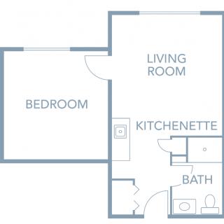A simple floor plan of a one-bedroom apartment featuring a living room, kitchenette, and bathroom.