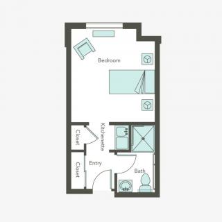 A floor plan of a compact studio apartment featuring a bedroom, bathroom, and entry area.