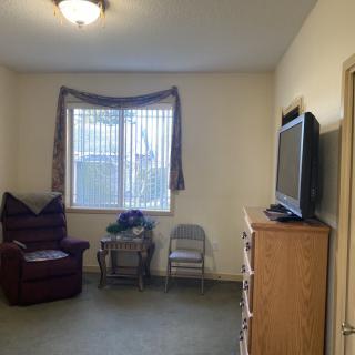A cozy living room with an armchair, television, and window.