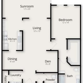 A floor plan showing various rooms including a sunroom, living room, bedroom, dining area, kitchen, laundry room, den, powder room, and bath.