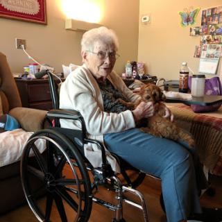 An elderly woman enjoys a moment with her dog in a cozy indoor setting.