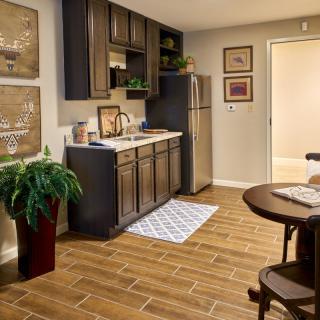 A cozy kitchen and dining area with wooden cabinets, a small fridge, and a potted plant.