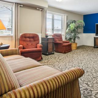 A cozy living room with striped sofa, armchairs, and a patterned carpet.