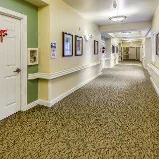 A well-lit interior hallway with carpeted flooring, decorated walls, and several doors.