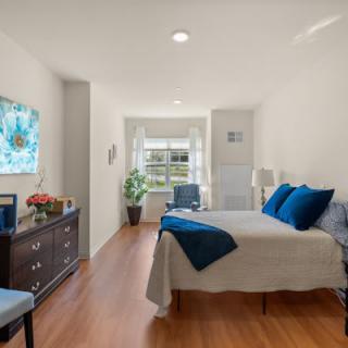 A modern, well-lit bedroom with a bed adorned with blue accents and wood flooring.