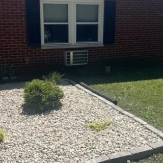 A small garden area with white rocks and a shrub in front of a brick building with windows.