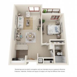 3D floor plan of a one-bedroom apartment featuring a living room, kitchen, bedroom, and bathroom.