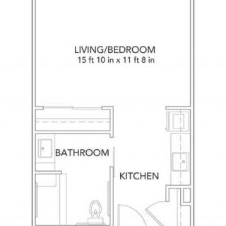 Blueprint of a compact studio apartment featuring a combined living and bedroom area, bathroom, and kitchen.