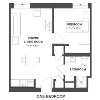 A floor plan of a one-bedroom apartment showing the layout with a living/dining room, bedroom, and bathroom.
