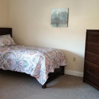 A simple bedroom with a single bed and a dresser, featuring a decorative painting on the wall.