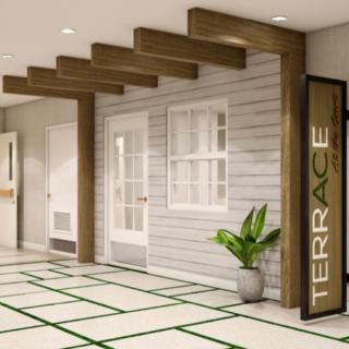 A modern interior space featuring wooden beams, a potted plant, and a sign labeled 'Terrace'.