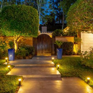 A beautifully lit garden pathway leading to a wooden gate, surrounded by manicured trees and plants at night.